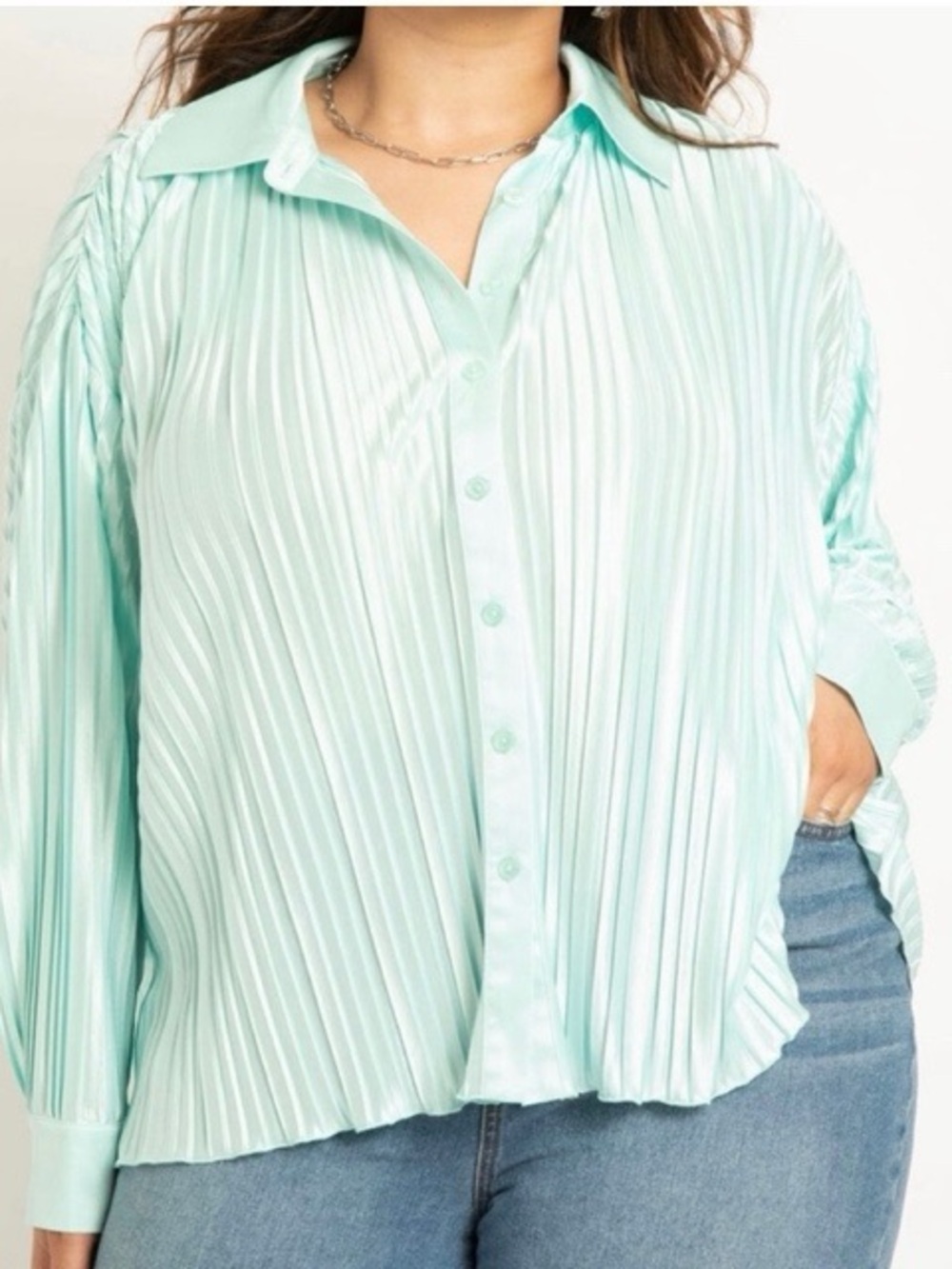 Eloquii Plisse Pleated Mint Green Blouse